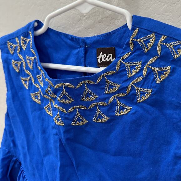 Tea Collection Blue Gold Embroidered Lotus Flowers Button Back Dress - Picture 2 of 9